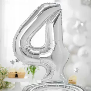 Stojący balon foliowy Cyfra ”4”, 70cm, srebrny