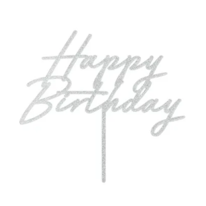 Topper akrylowy na tort Happy Birthday, 18×16.5 cm, srebrny brokatowy PartyDeco