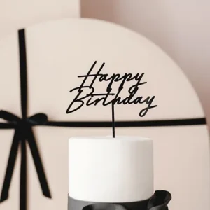 Topper akrylowy na tort Happy Birthday, czarny, 16,5 cm
