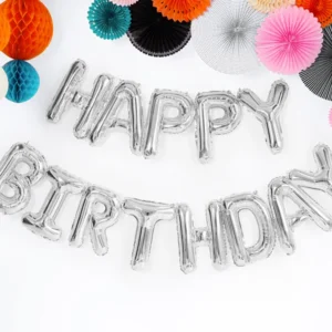 Balon foliowy Happy Birthday, 340x35cm, srebrny
