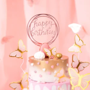 Topper na tort Happy Birthday okrągły lustrzany rose gold 1szt. PartyPal