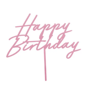 Topper akrylowy na tort Happy Birthday, jasny róż, 16,5 cm
