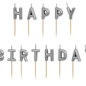 Świeczki urodzinowe Happy Birthday, 2,5 cm, srebrne, 13 szt.