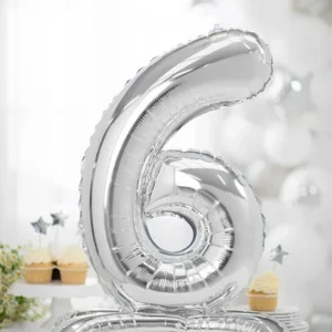Stojący balon foliowy Cyfra ”6”, 70cm, srebrny